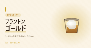 ブラントン ゴールドエディションのレビュー記事のアイキャッチ。丸氷の入ったロックグラスに注がれたバーボン